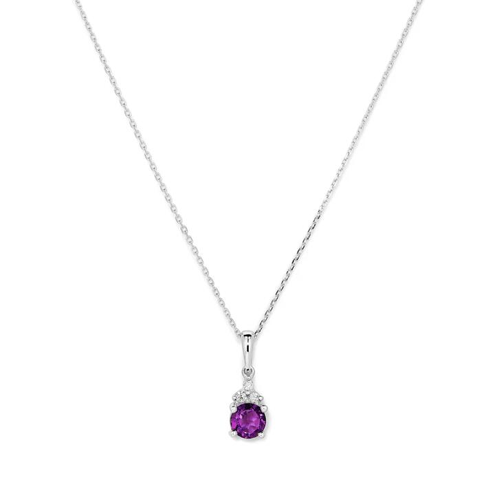 Image of Charms. Productname: Birthstone Teardrop Pendant Necklace with Natural Amethyst and 0.05tw of Laboratory-Grown Diamonds in Sterling Silver and Platinum in Diamond colour by brand - Bevilles