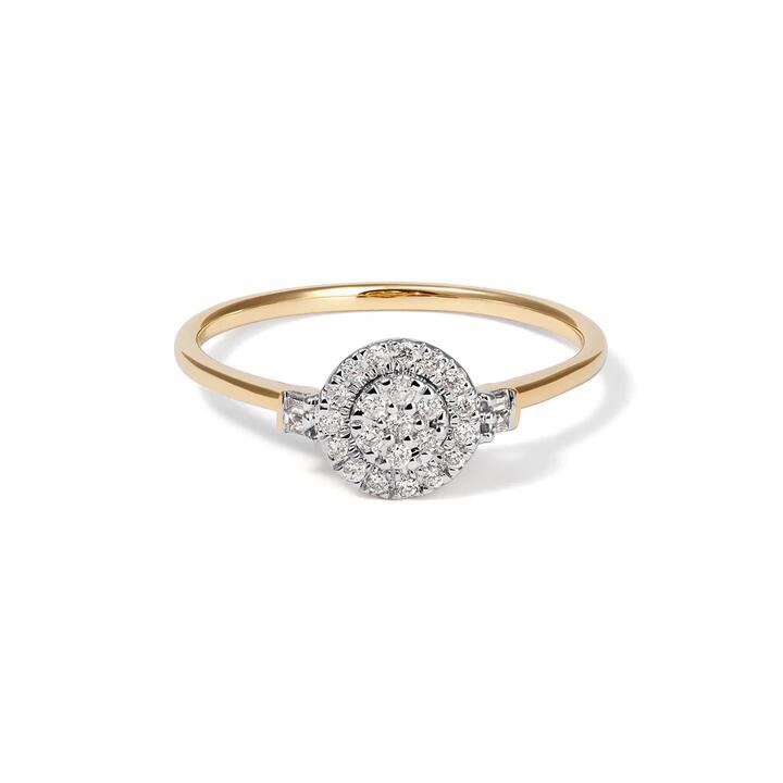 Image of Jewelry. Productname: Multi Round Halo Ring with 0.12tw of Diamonds in 9kt Yellow Gold in Diamond colour by brand - Bevilles