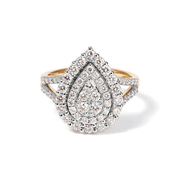 Image of Jewelry. Productname: Pear Shaped Cluster Ring with 1.00tw of Laboratory-Grown Diamonds in 9kt Yellow Gold in Diamond colour by brand - Bevilles