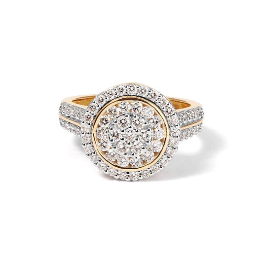 Image of Jewelry. Productname: Round Cluster Ring with 1.00tw of Laboratory-Grown Diamonds in 9kt Yellow Gold in Diamond colour by brand - Bevilles