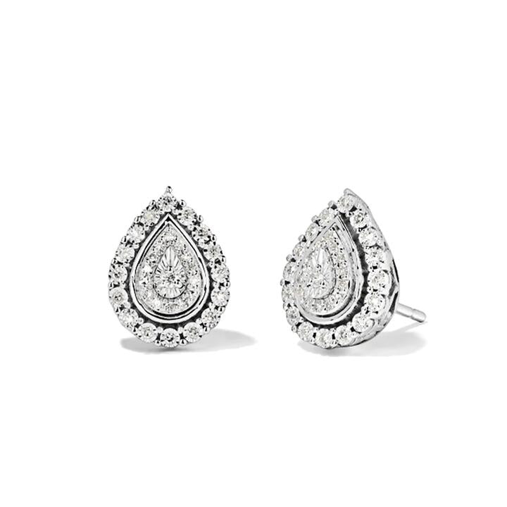Image of Earrings. Product name - Miracle Set Pear Shaped Stud Earrings with 0.15tw of Diamonds in Rhodium Plated Sterling Silver in colour by brand - Bevilles