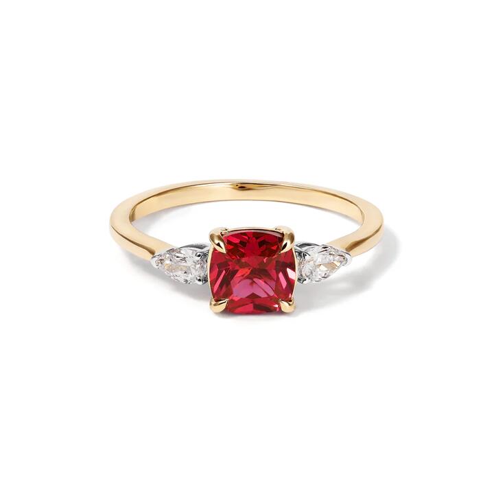 Image of Jewelry. Productname: Three Stone Ring with Created Ruby and 0.20tw of Laboratory-Grown Diamonds in 9kt Yellow Gold in Diamond colour by brand - Bevilles
