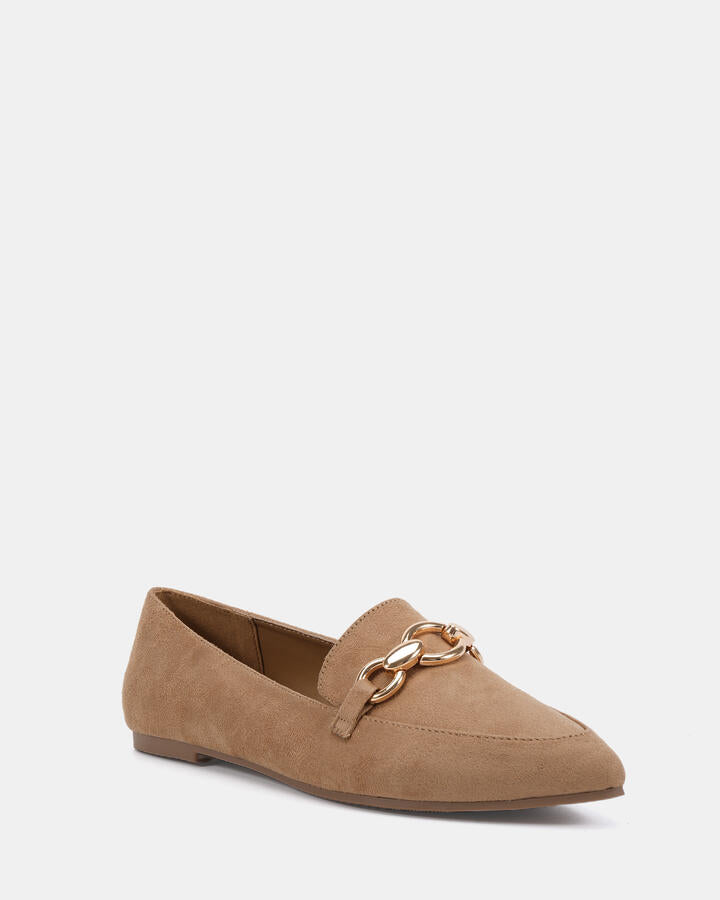 Image of Flats. Product name - Calliope Biscoff Suede Vegan Flats in Biscoff Suede colour by brand - Novo