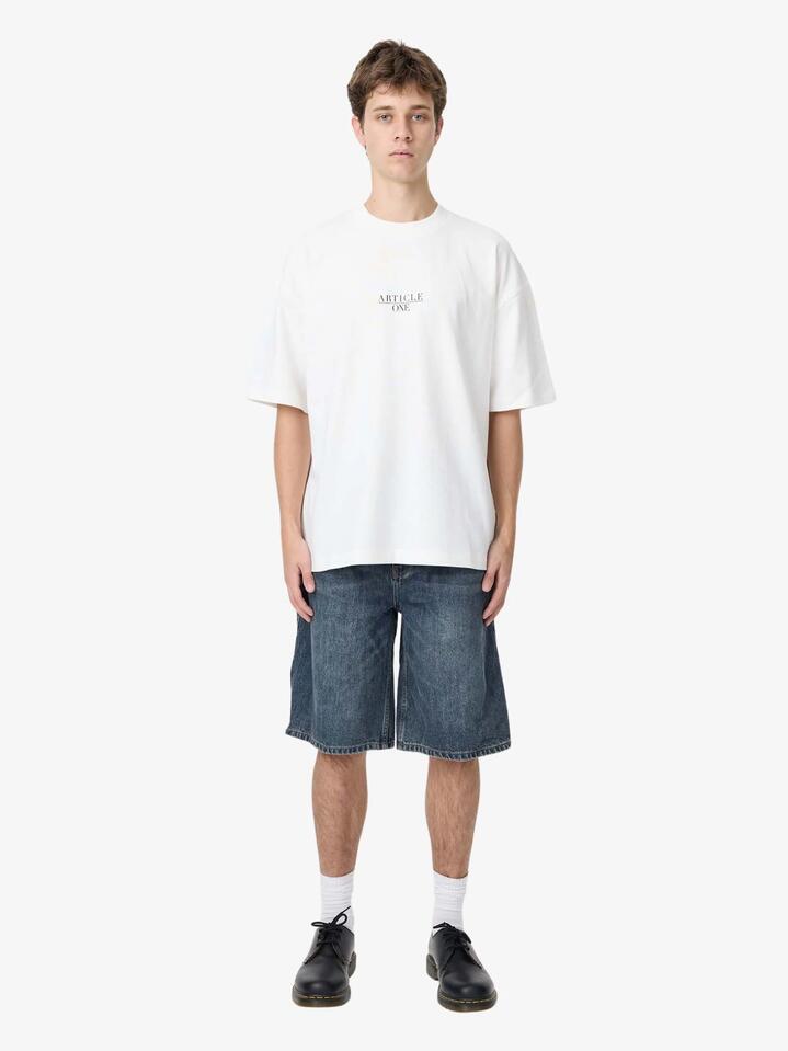 Image of a model wearing Denim. Productname: Article One Benji Denim Shorts in Vintage Bleach colour by brand - Article One