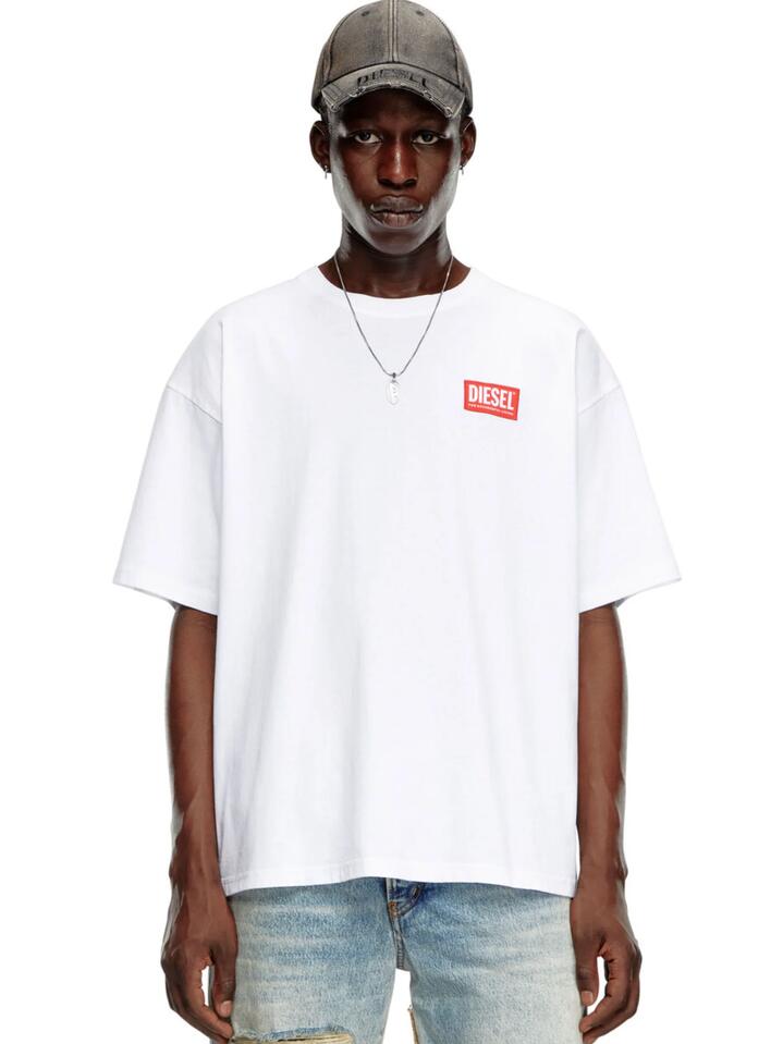 Image of a model wearing Tops. Productname: Diesel Men's T-Boxt-Lab T-Shirt in White colour by brand - Diesel