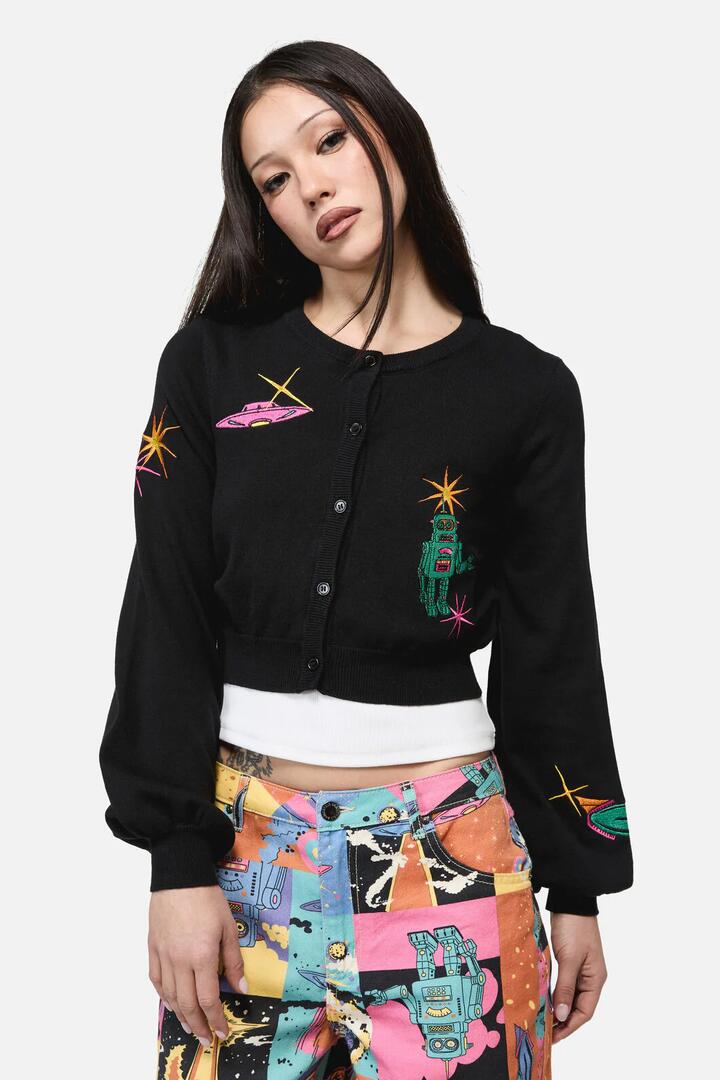 Image of a model wearing Outerwear. Productname: Galactic Print Cardigan in Black colour by brand - Dangerfield