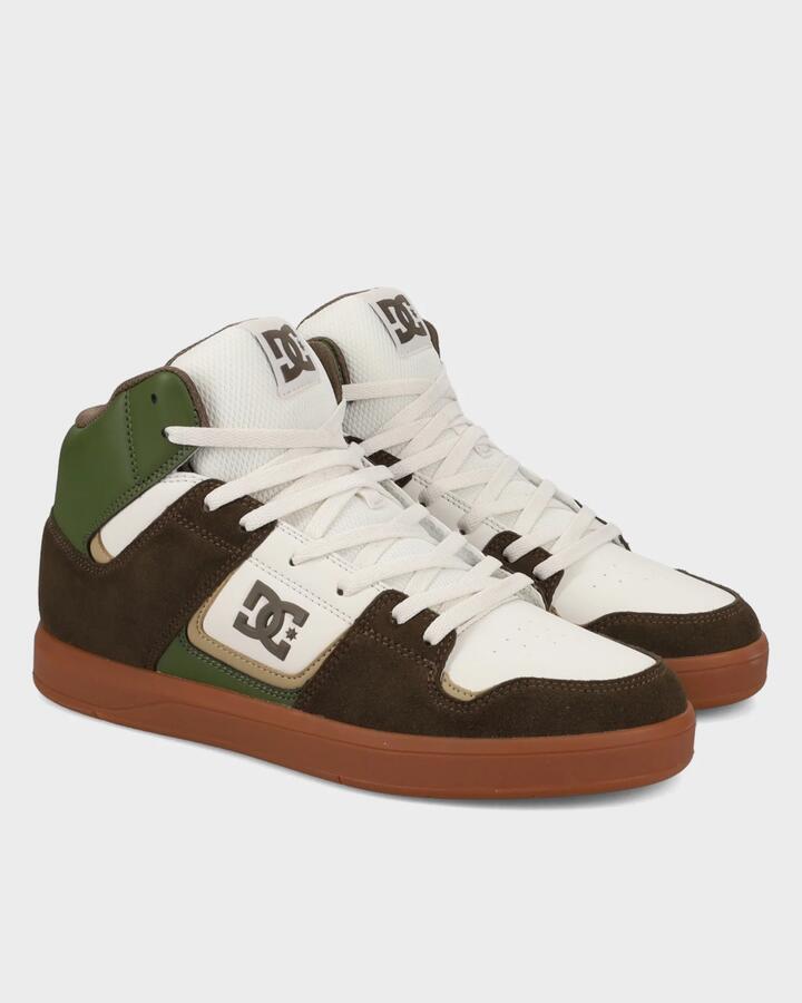 Image of Sneakers. Product name - DC Shoes Mens Cure Hi Top Sneakers Brown/Olive/Offwhite in Brown/Olive/Offwhite colour by brand - DC Shoes