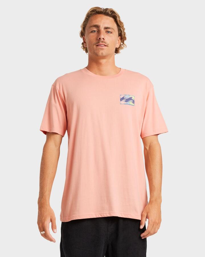 Image of a model wearing Tops. Productname: Billabong - Mens Crayon Wave T-Shirt - Peach - in Peach colour by brand - Billabong