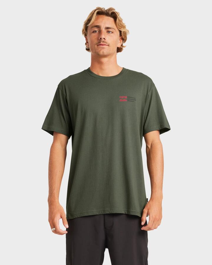 Image of a model wearing Tops. Productname: Billabong - Mens Abandoned Adiv T-Shirt - Fatigue - in Fatigue colour by brand - Billabong