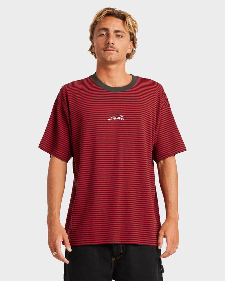 Image of a model wearing Tops. Productname: Billabong - Mens Absence Stripe T-Shirt - Scarlet - in Scarlet colour by brand - Billabong