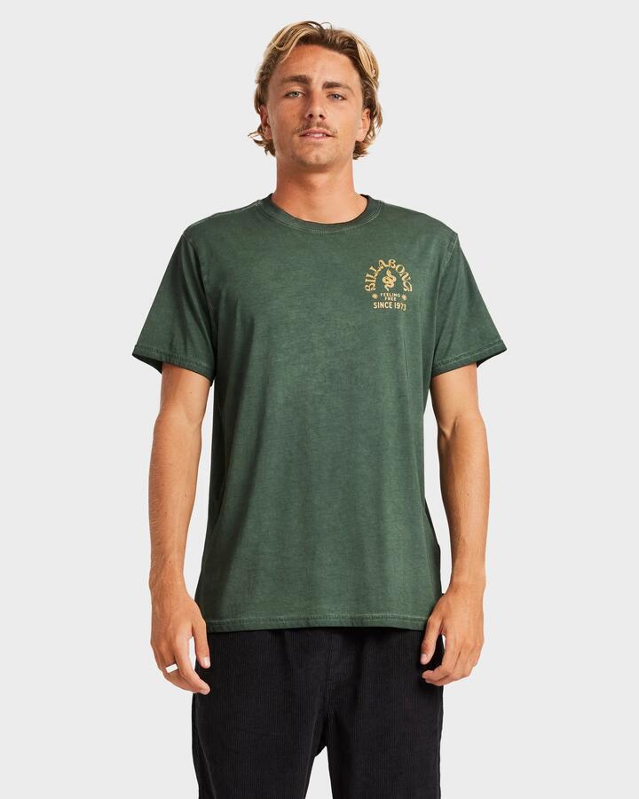 Image of a model wearing Tops. Productname: Billabong - Mens Big Wave Shaz T-Shirt - Forest - in Forest colour by brand - Billabong