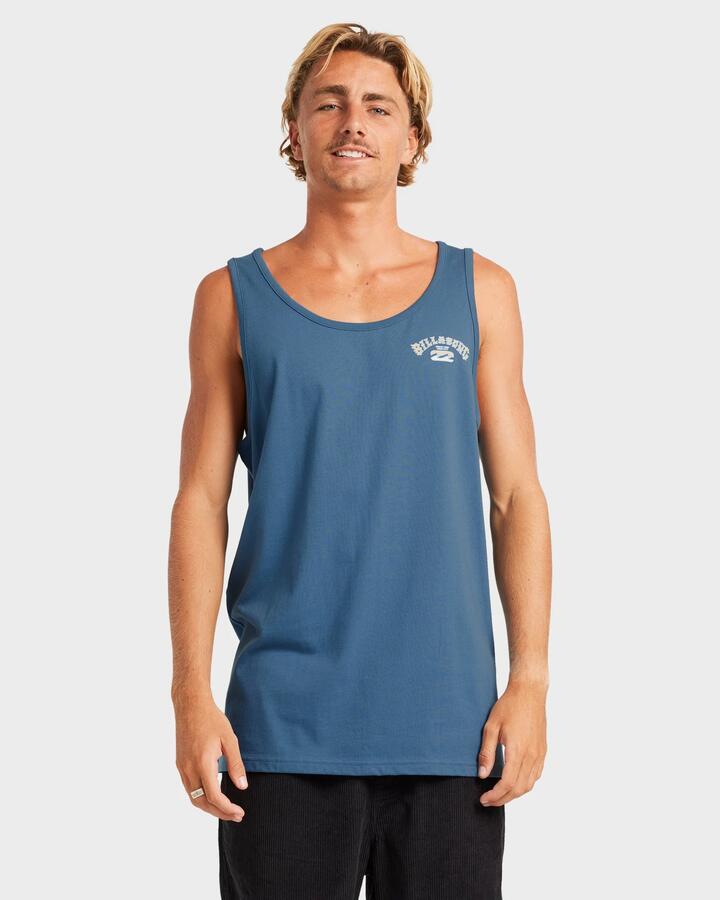 Image of a model wearing Tops. Product name - Billabong Mens Heritage Arch Tank Real Teal in Real Teal colour by brand - Billabong