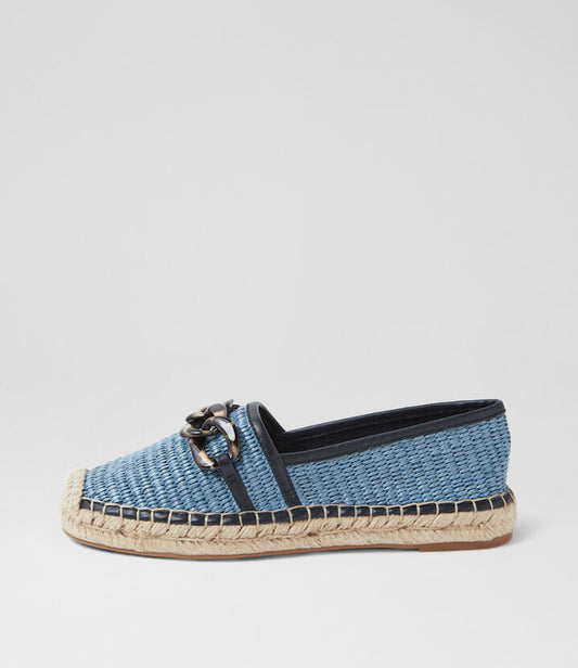 Image of a model wearing Denim. Productname: Sibby Denim Navy Fabric Flat Shoes in DENIM-NAVY colour by brand - MIDAS