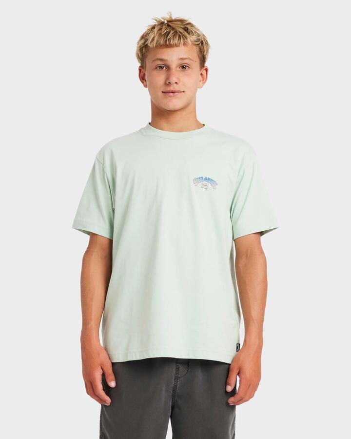 Image of a model wearing Tops. Productname: Billabong - Boys 8-16 Wax Arch T-Shirt - Seafoam - in Seafoam colour by brand - Billabong
