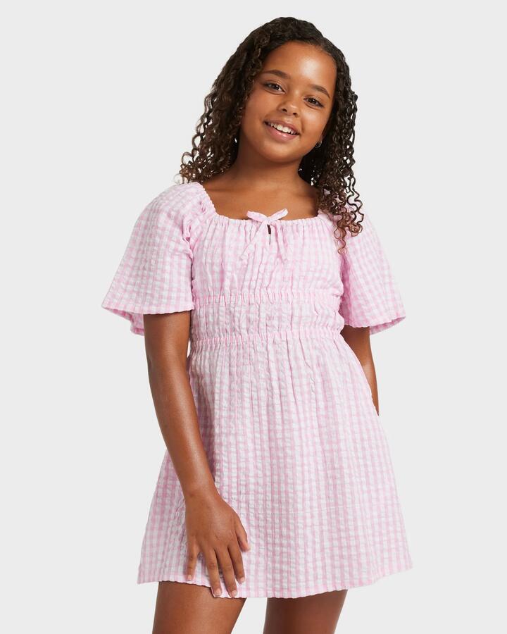 Image of Dresses. Product name - Roxy Girls 8-16 Daisy Check Mini Dress Bonbon in Bonbon colour by brand - Roxy