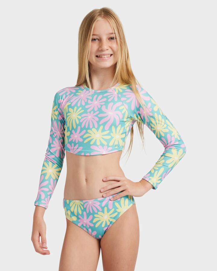 Image of Coats & Jackets. Product name - Roxy Girls 8-16 Flower Lover Lycra Two Piece Rash Vest Coastal Shade Flipper in Coastal Shade Flipper colour by brand - Roxy