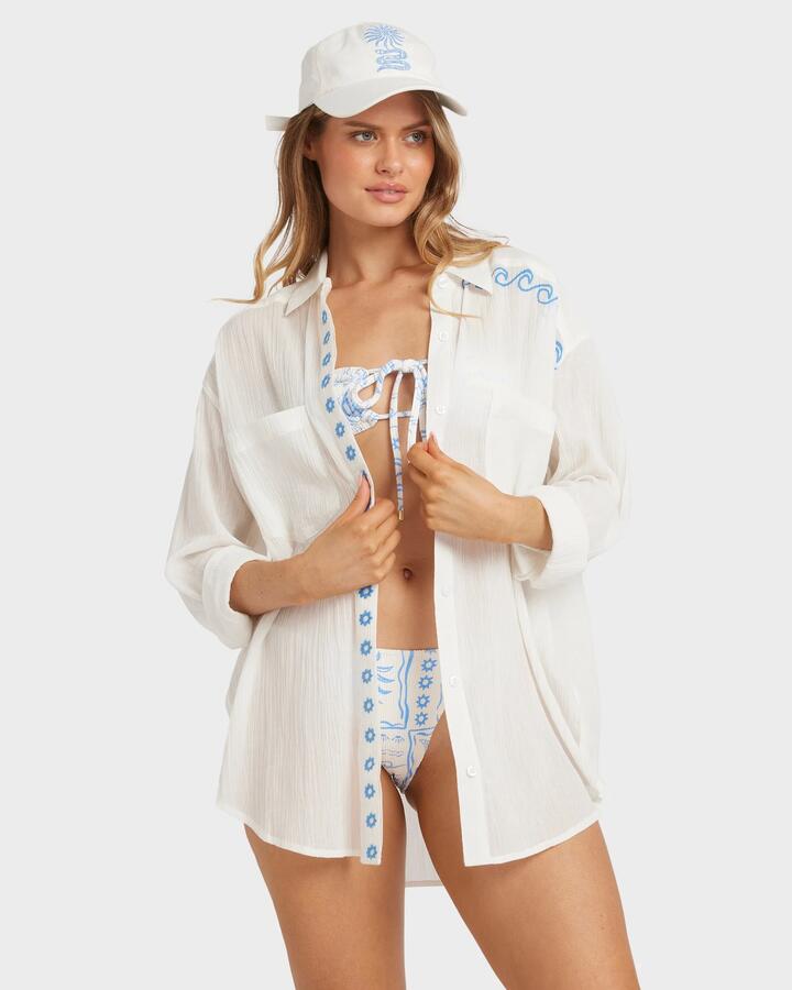 Image of a model wearing Tops. Productname: Billabong - Womens Find Me Here Button Down Long Sleeve Shirt - Salt Crystal - in Salt Crystal colour by brand - Billabong