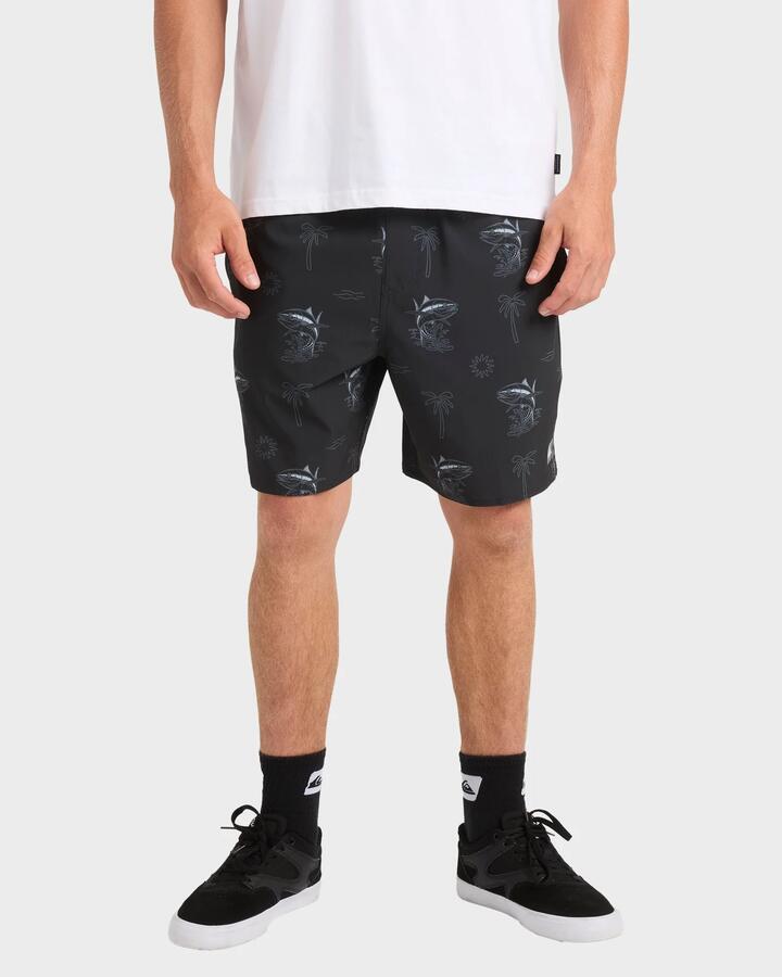 Image of a model wearing Shorts. Product name - Quiksilver Mens Atoll Volley 18" Swim Shorts Black in Black colour by brand - Quiksilver