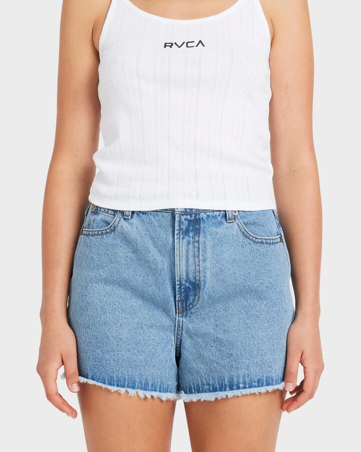 Image of a model wearing Shorts. Product name - RVCA Womens Pacific Denim Shorts Washed Blue in Washed Blue colour by brand - RVCA