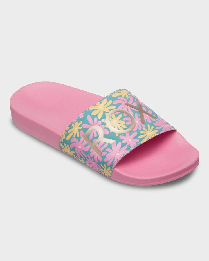 Image of Slippers. Product name - Roxy Girls 8-16 Slippy Ii Slides Bonbon in Bonbon colour by brand - Roxy