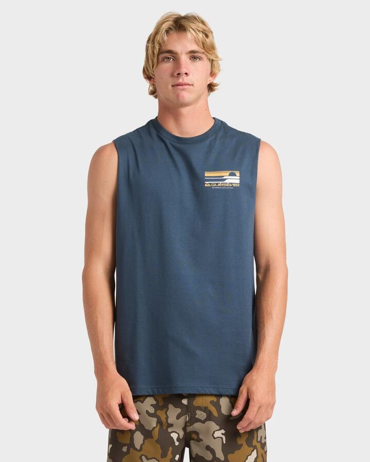 Image of a model wearing Tops. Product name - Quiksilver Mens Stacked Horizon Muscle Midnight Navy in Midnight Navy colour by brand - Quiksilver