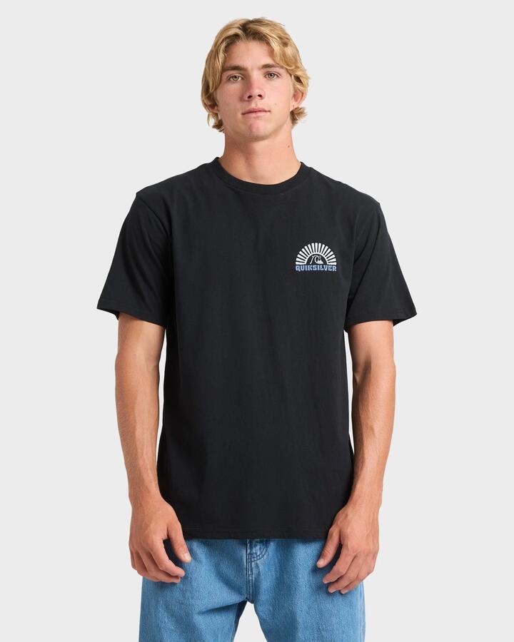 Image of a model wearing Tops. Productname: Quiksilver Mens Sunset Arc Wave T-Shirt Black - in Black colour by brand - Quiksilver