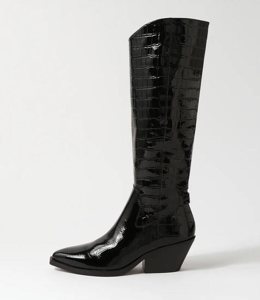 Image of Boots. Productname: Relax Black Croc Patent Leather Knee High Boots in BLACK colour by brand - MOLLINI