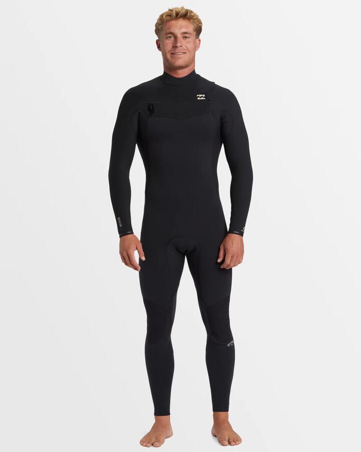 Image of a model wearing Tops. Productname: Billabong Mens 4/3Mm Revolution Natural Chest Zip Wetsuit Black - in Black colour by brand - Billabong