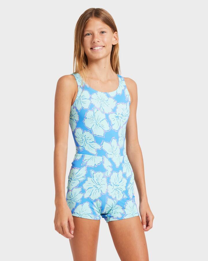 Image of a model wearing Tops. Product name - Billabong Girls 8-16 Happy Hibiscus Tank Surf Suit Tidal Blue in Tidal Blue colour by brand - Billabong