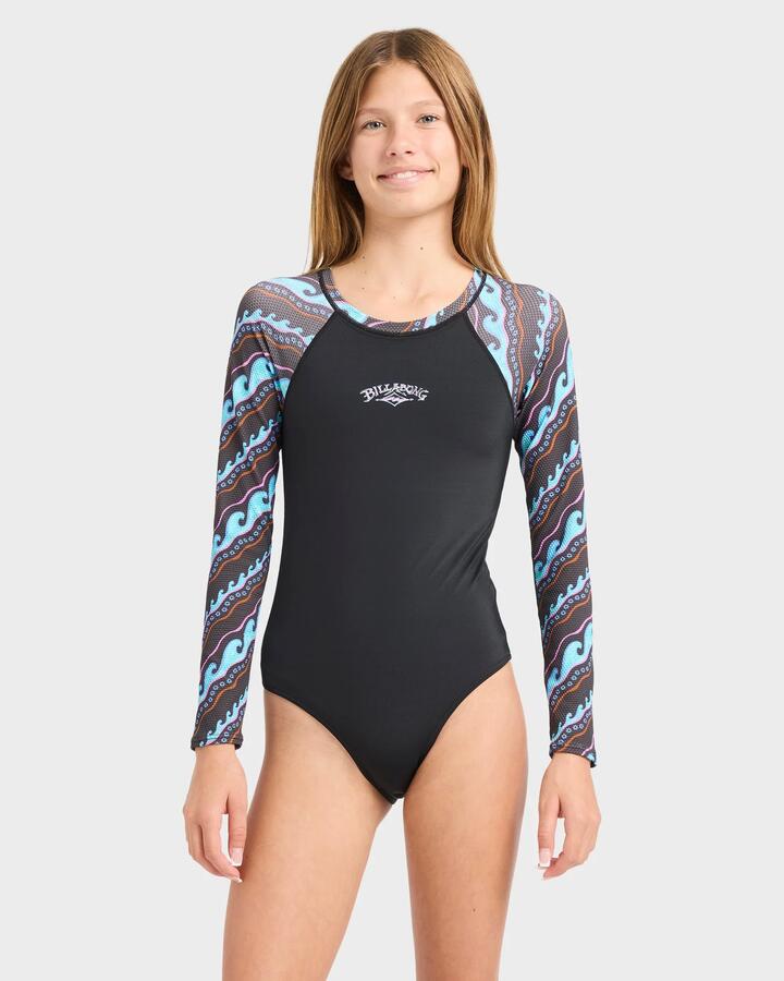 Image of a model wearing Tops. Product name - Billabong Girls 8-16 Sea Level Long Sleeve Bodysuit Rash Vest Off Black in Off Black colour by brand - Billabong