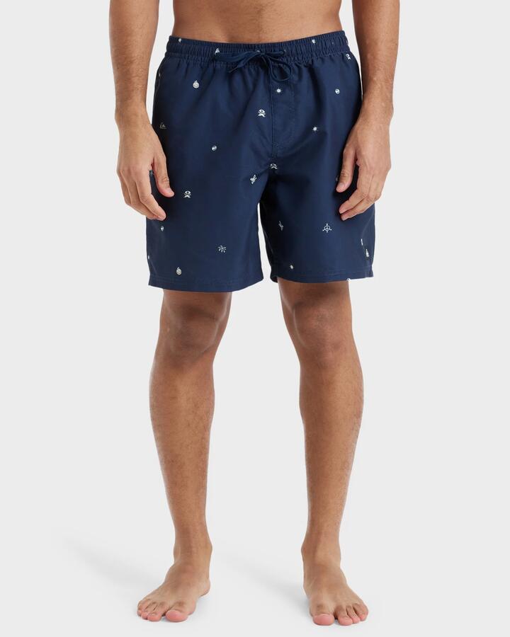 Image of a model wearing Shorts. Productname: Quiksilver Mens Everyday 15" Swim Shorts Dark Navy Mini Connection - in Dark Navy Mini Connection colour by brand - Quiksilver