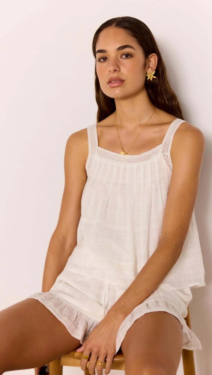 Image of a model wearing Tops. Product name - Lace Detail White Cotton Top in Off White colour by brand - MINKPINK
