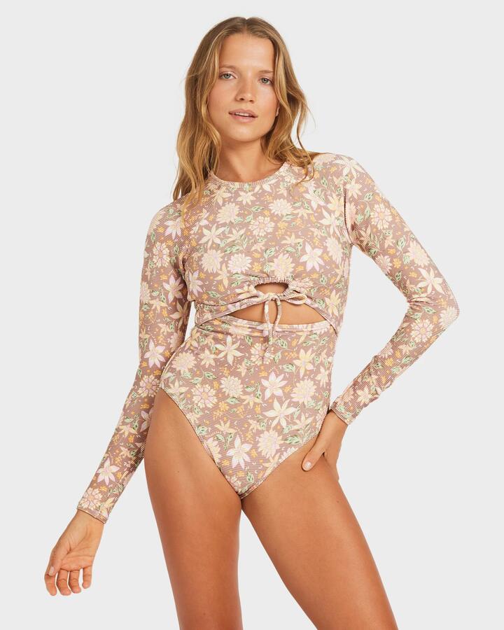 Image of a model wearing Tops. Productname: Roxy Womens Garlang Long Sleeve One Piece Nutmeg - in Nutmeg colour by brand - Roxy