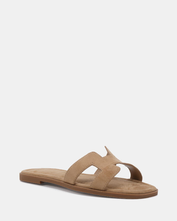 Image of Sandals. Product name - Sachie Biscoff Suede Vegan Sandals in Biscoff Suede colour by brand - Novo