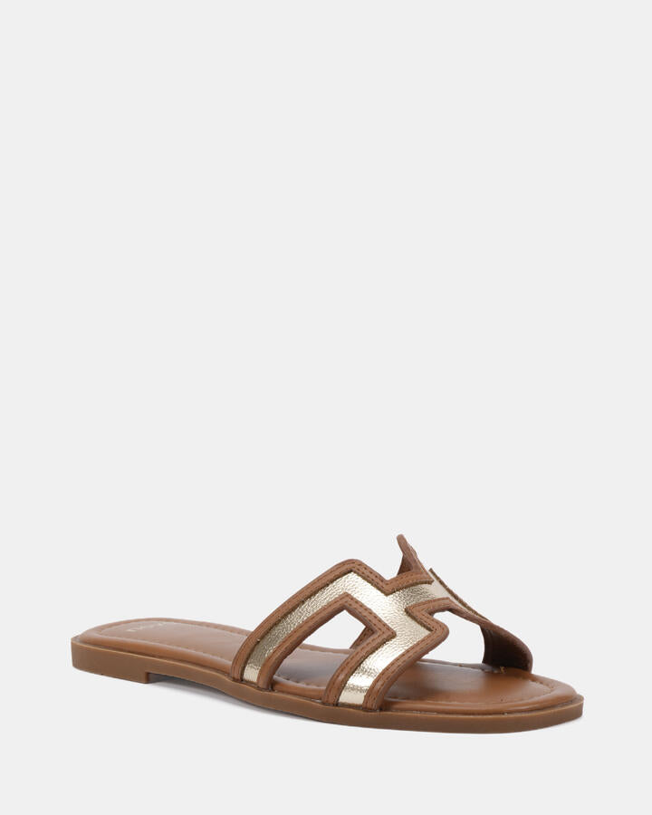 Image of Sandals. Product name - Sachie Tan/gold Flat Sandals in Tan/Gold colour by brand - Novo