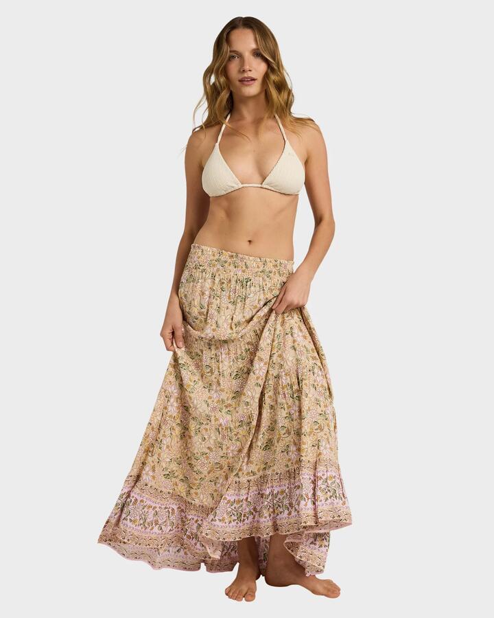 Image of a model wearing Skirts. Product name - Roxy Womens Garland Radiant Maxi Skirt Stone in Stone colour by brand - Roxy