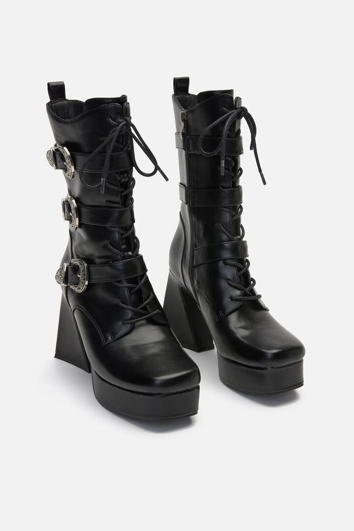 Image of Heels. Productname: Triple Buckle Heeled Boots in Black colour by brand - Black Friday