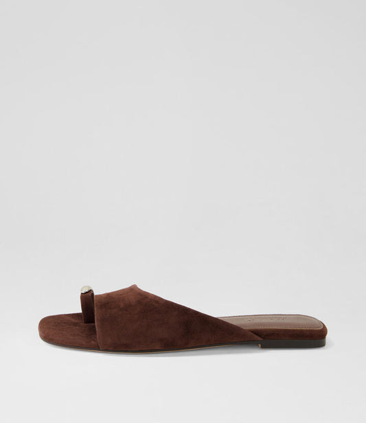 Image of Slippers. Productname: Rionee Dark Brown Suede Slides in DK BROWN colour by brand - MOLLINI