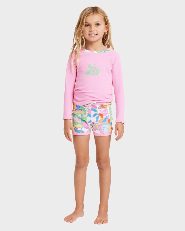 Image of a model wearing Tops. Product name - Billabong Girls 2-7 Sun Shift Long Sleeve Rash Vest Set Multi in Multi colour by brand - Billabong