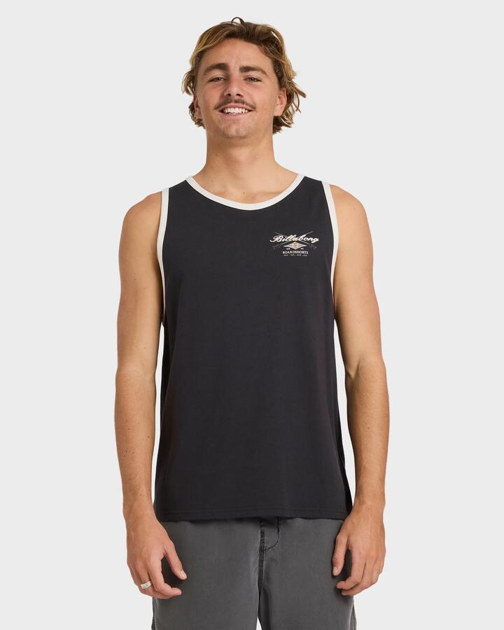 Image of a model wearing Tops. Productname: Billabong - Mens Crossboards Tank - Washed Black - in Washed Black colour by brand - Billabong