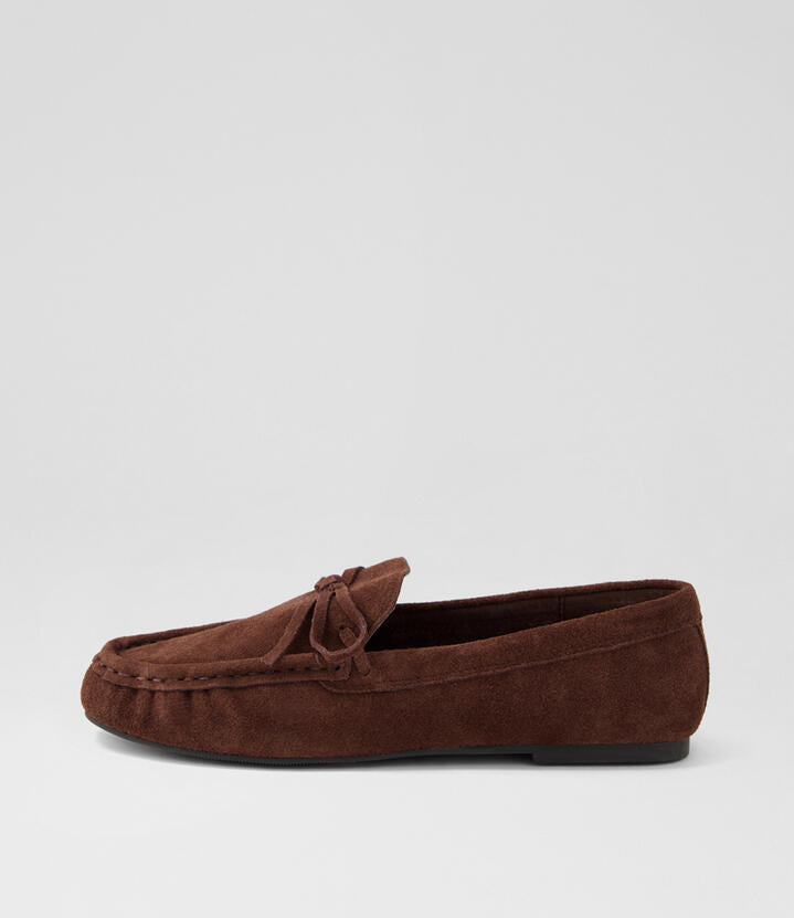 Image of Flats. Productname: Elyzza Dark Brown Suede Loafers in Dk Brown colour by brand - MOLLINI