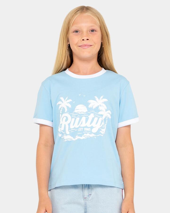 Image of T-Shirts. Product name - Rusty Girls 8-14 Bobbie Oversized T-Shirt Retro Blue in Retro Blue colour by brand - Rusty