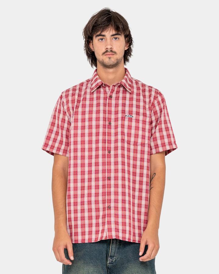 Image of a model wearing Tops. Product name - Rusty Mens Datsun Check Short Sleeve Shirt Red in Red colour by brand - Rusty