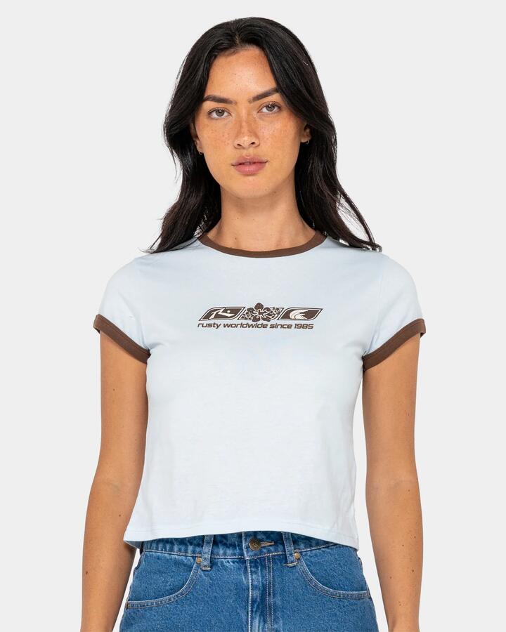 Image of T-Shirts. Product name - Rusty Womens Snapper Contrast Ringer Mini T-Shirt Retro Blue in Retro Blue colour by brand - Rusty