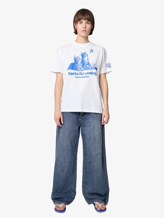 Image of a model wearing Tops. Productname: Deus Ostinato Tee in Blue Print/Vintage White colour by brand - Deus