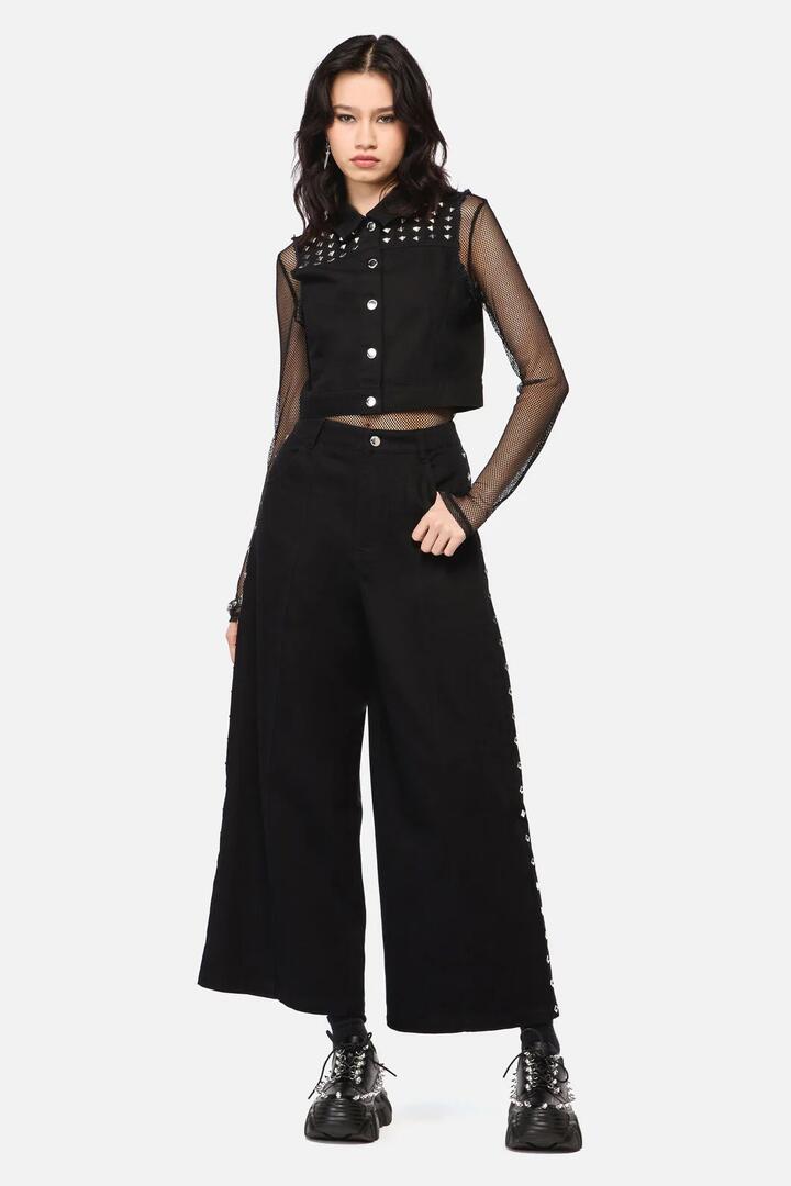 Image of a model wearing Denim. Productname: Barb Stud Trim Jean in Black colour by brand - Dangerfield