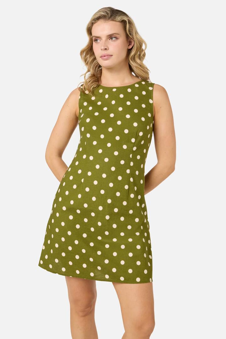 Image of Dresses. Product name - Polka Dot Shift Mini Dress in Olive colour by brand - Princess Highway