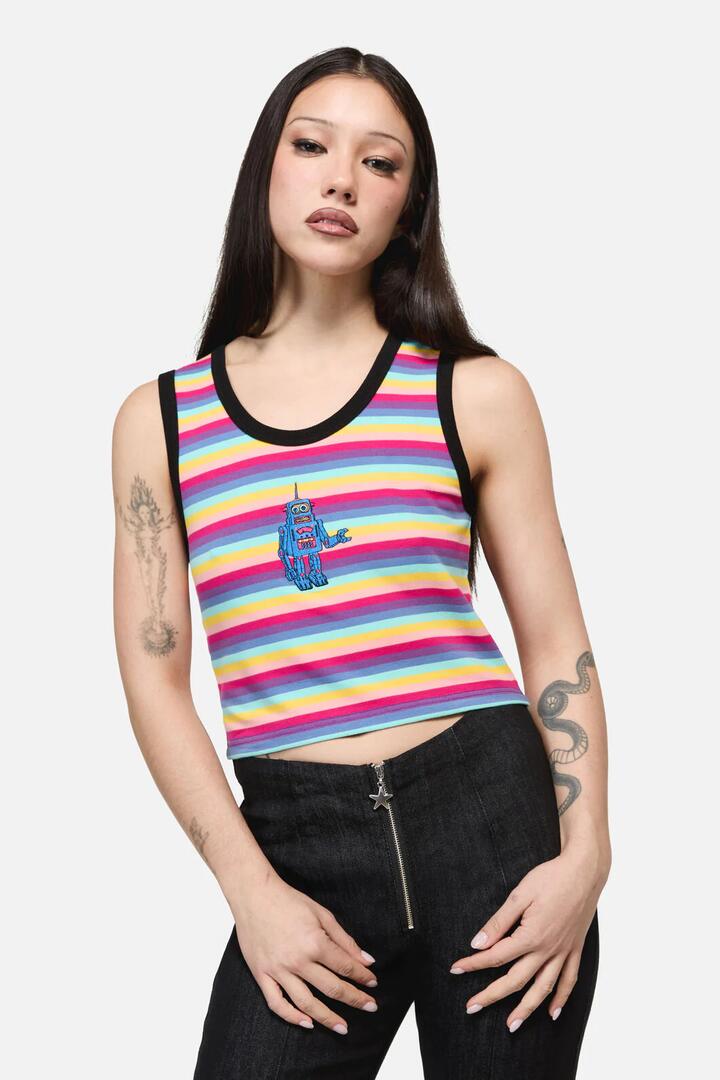 Image of a model wearing Tops. Product name - Robot Stripe Grunge Baby Tank in Multi colour by brand - Dangerfield