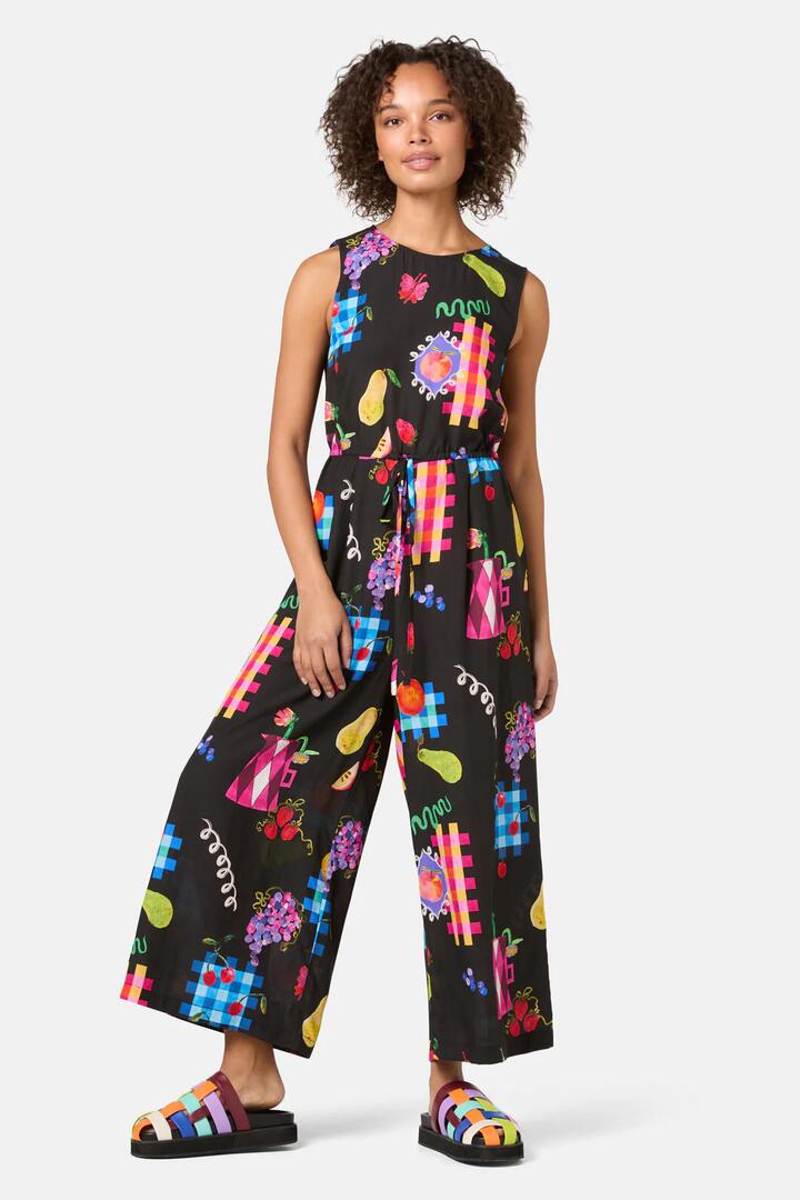 Image of a model wearing Pants. Product name - Fruit Party Print Pantsuit in Print colour by brand - Gorman