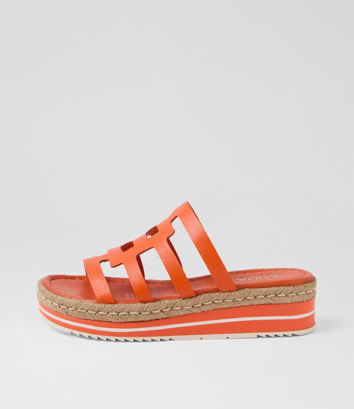 Image of Slippers. Productname: Alette New Orange Leather Slides in New Orange colour by brand - MIDAS